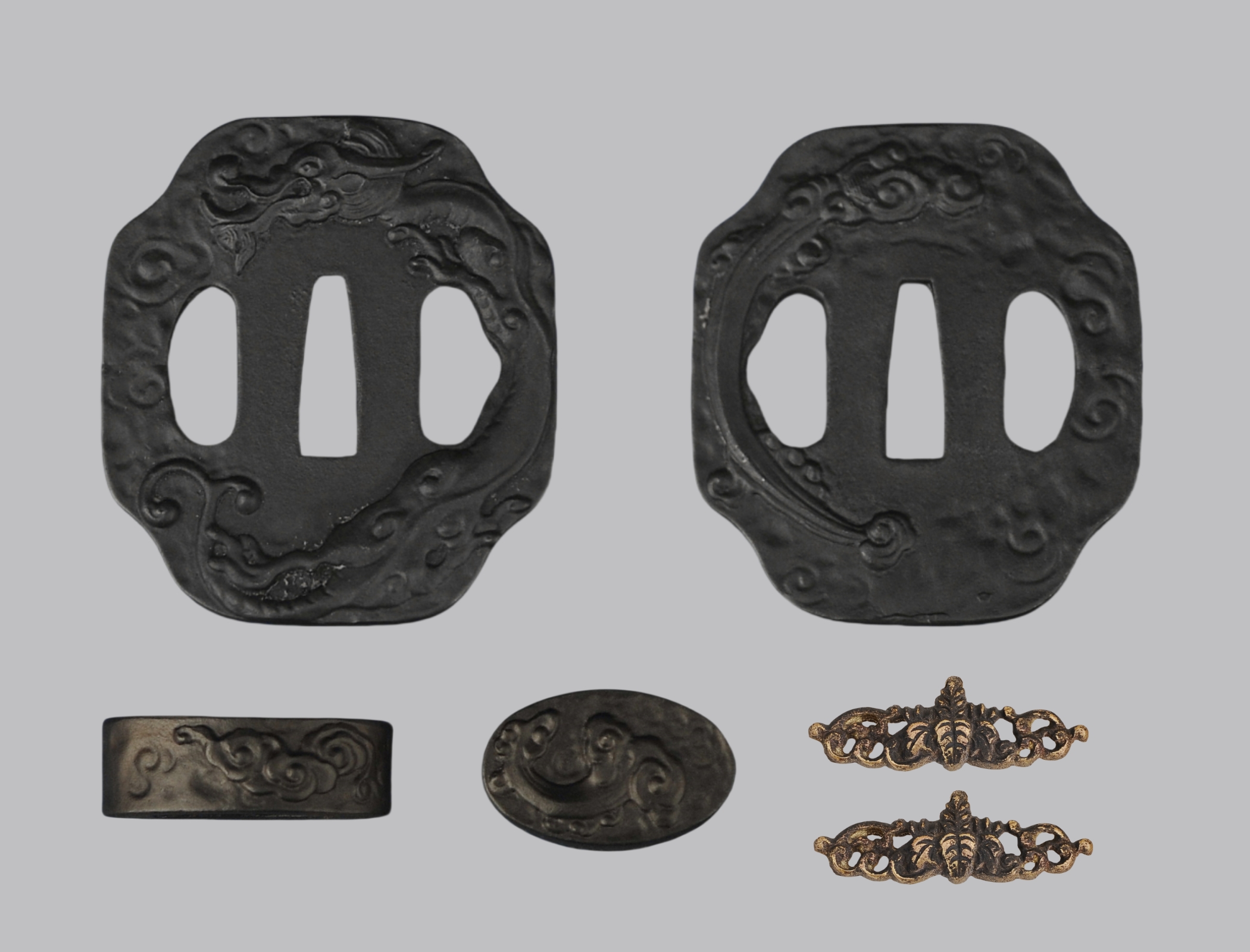 Antiqued Iron Tsuba+Fuchi+Kashira Dragon Motif,$55.00 -- ryansword.com