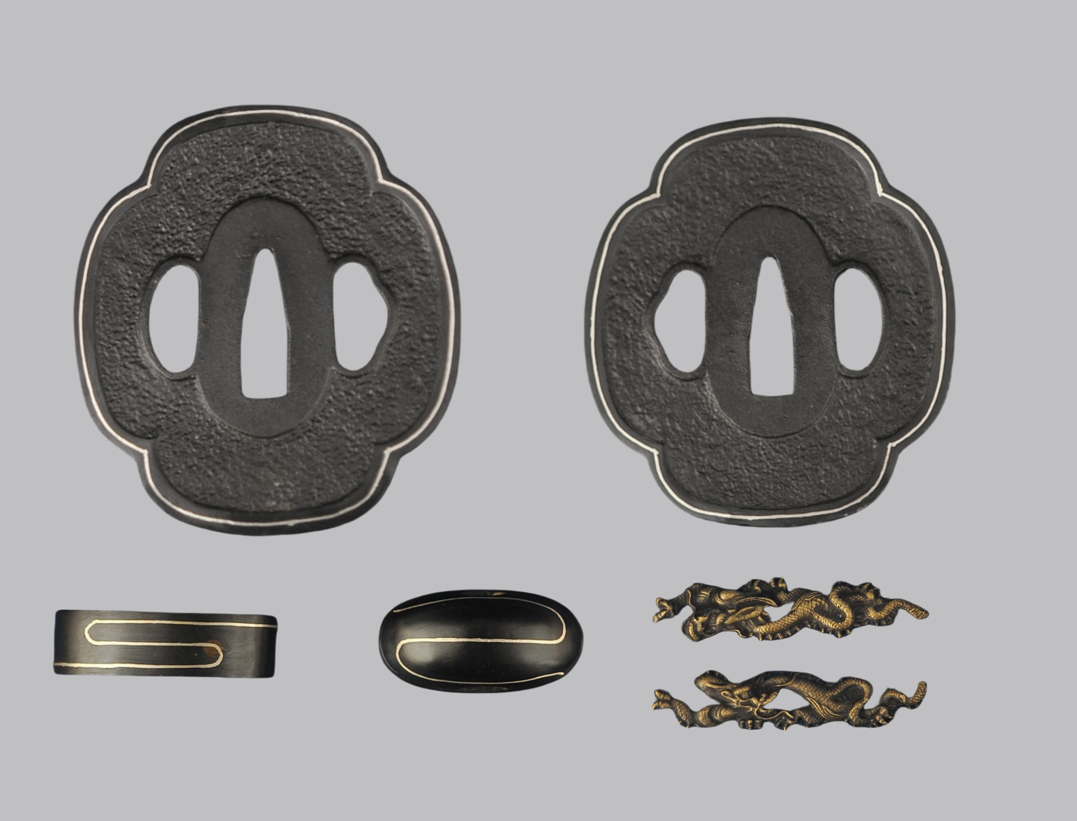 Kamesan⭐︎ Iron Tsuba+Fuchi+Kashira with Silver Embedded,$100.00